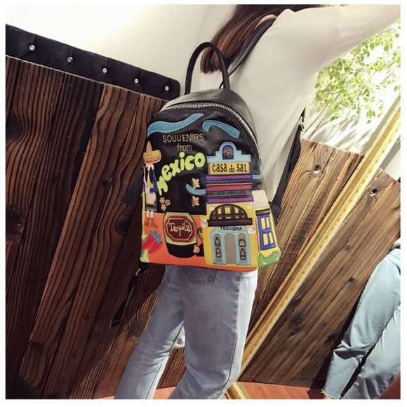 Women Leather Patchwork Embroidery Backpack main image 5